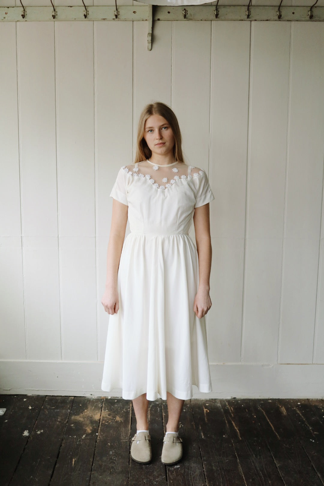 Mesh Yoke Daisy Appliqué Cocktail Dress