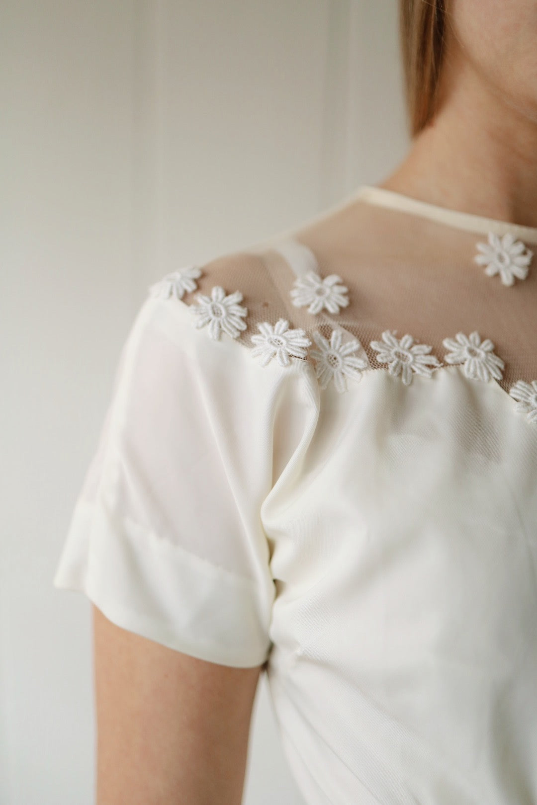 Mesh Yoke Daisy Appliqué Cocktail Dress