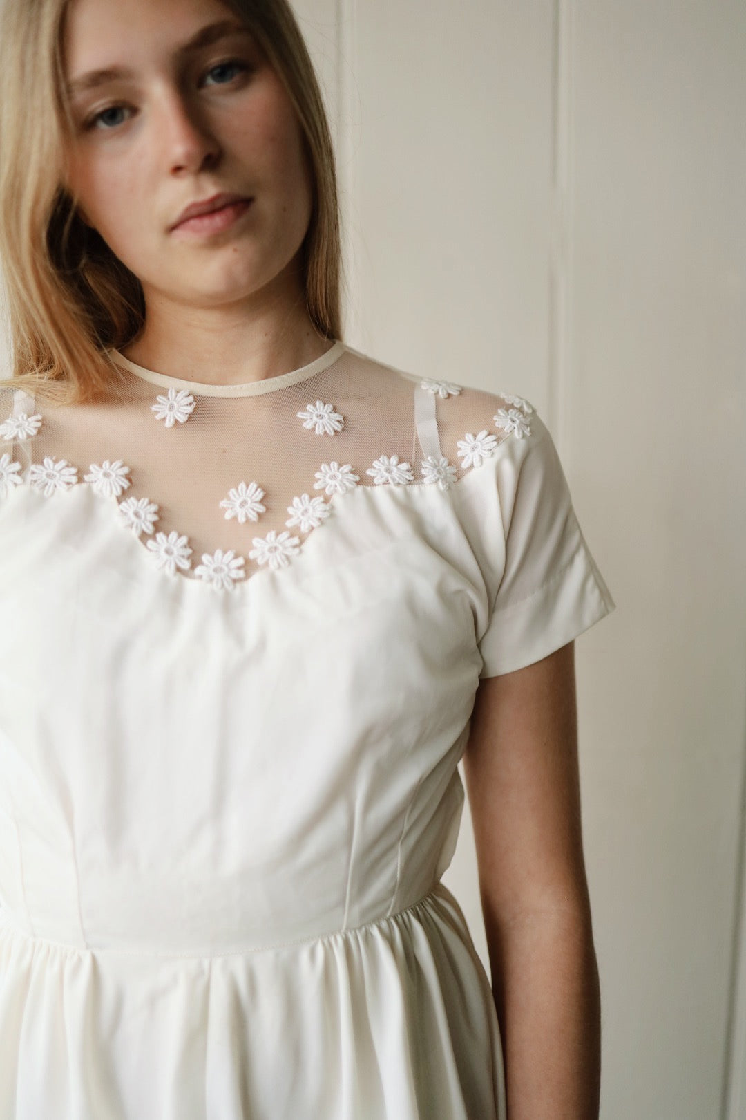 Mesh Yoke Daisy Appliqué Cocktail Dress