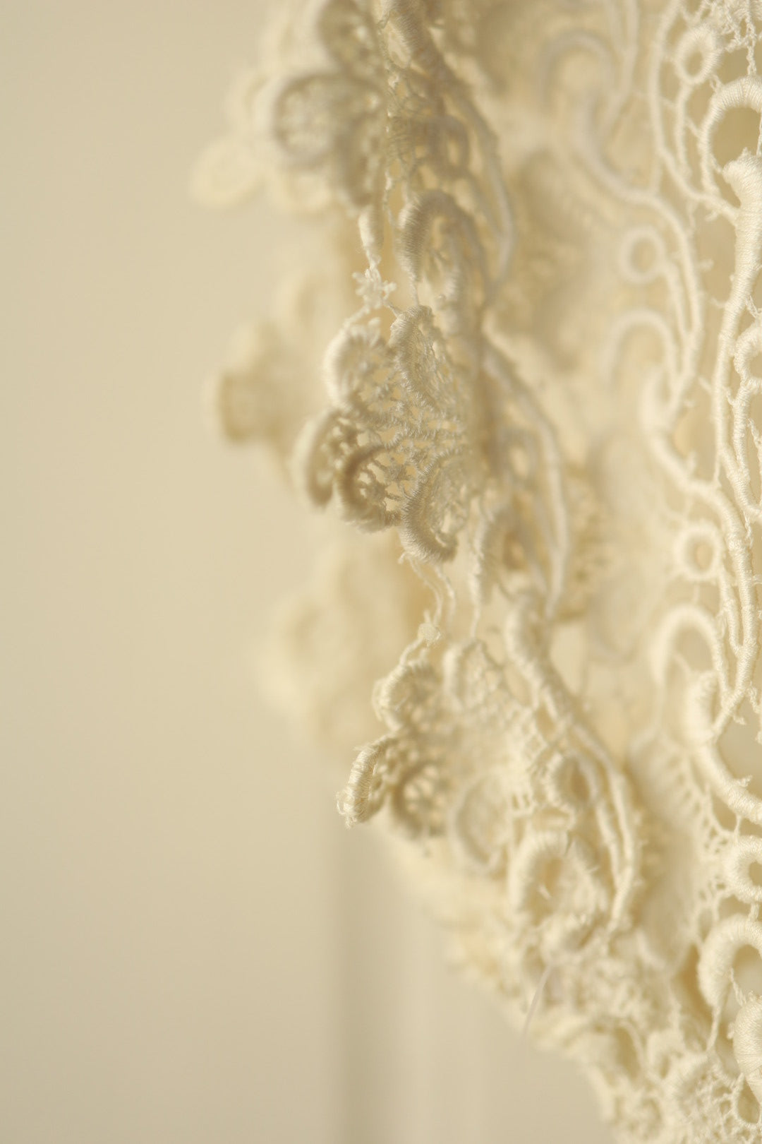 Close-up of lace detail – Macro shot highlighting the delicate, looping floral lace and scalloped edge finish on the sleeve hem.
