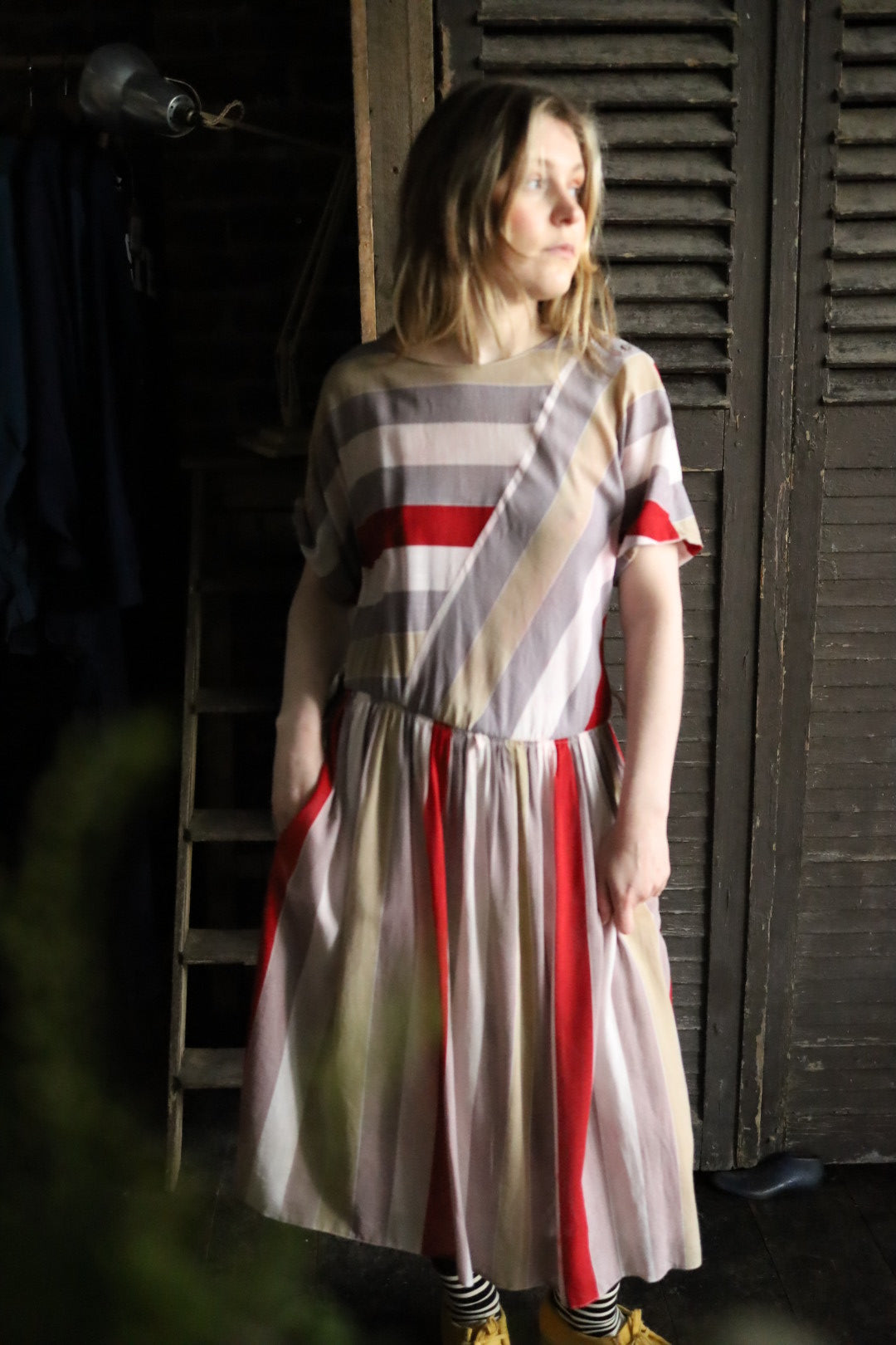 Striped Button Shoulder Detail Dress