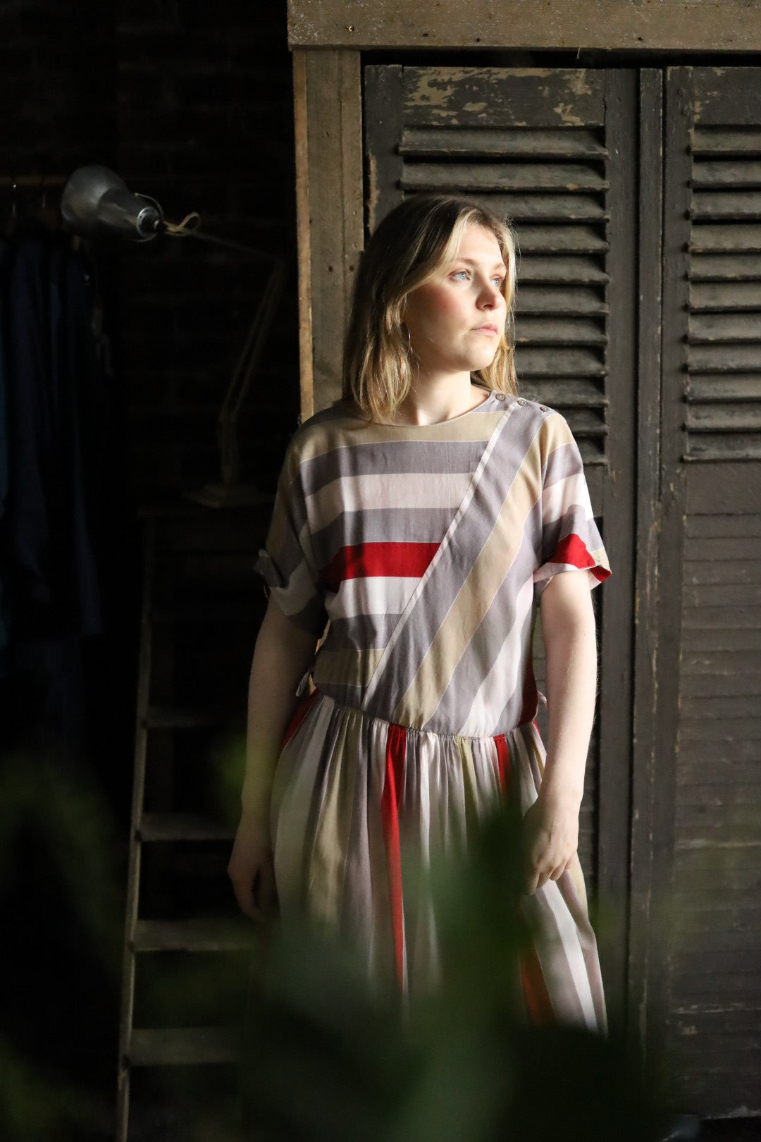 Striped Button Shoulder Detail Dress