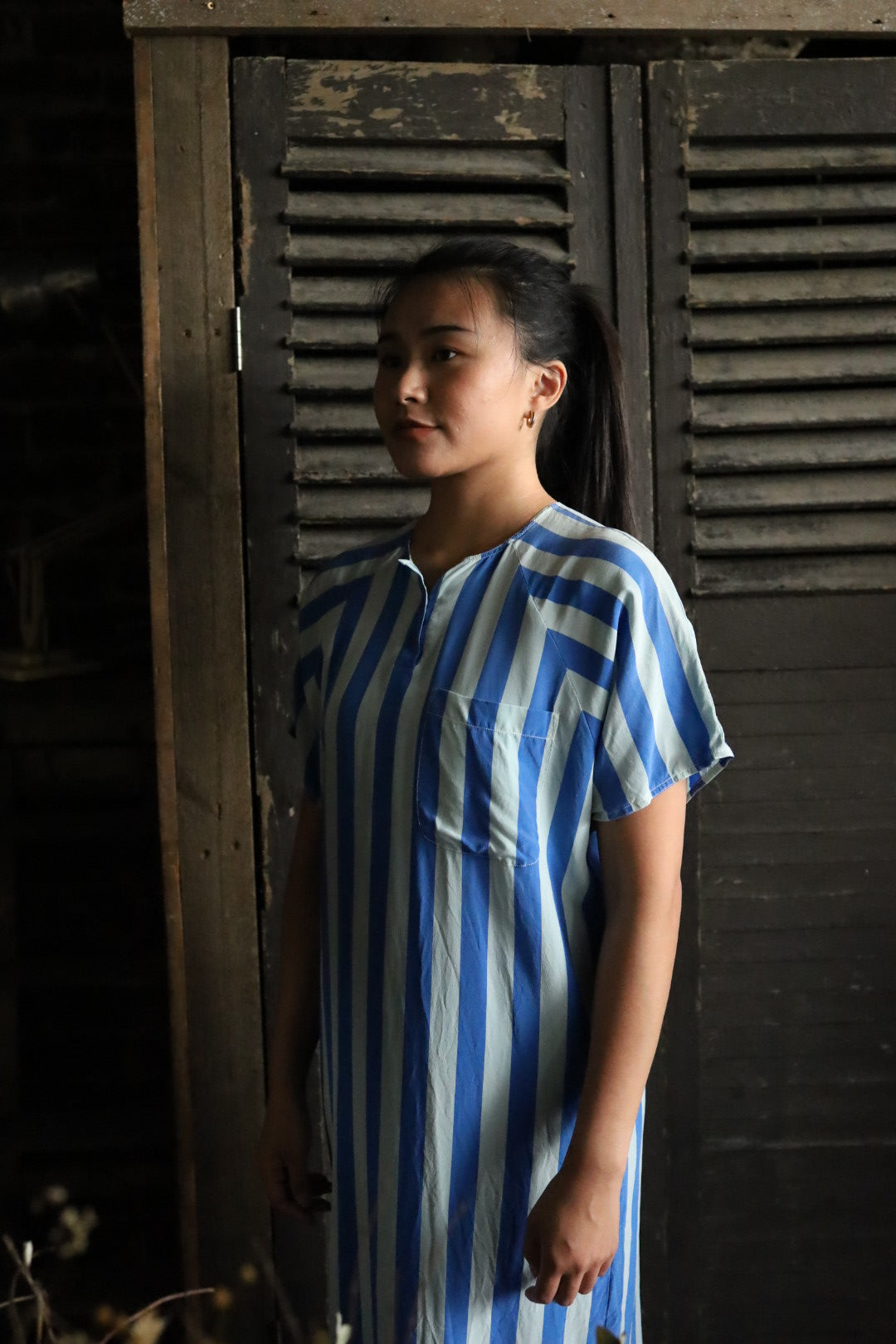 Blue and Grey Striped Silk Dress