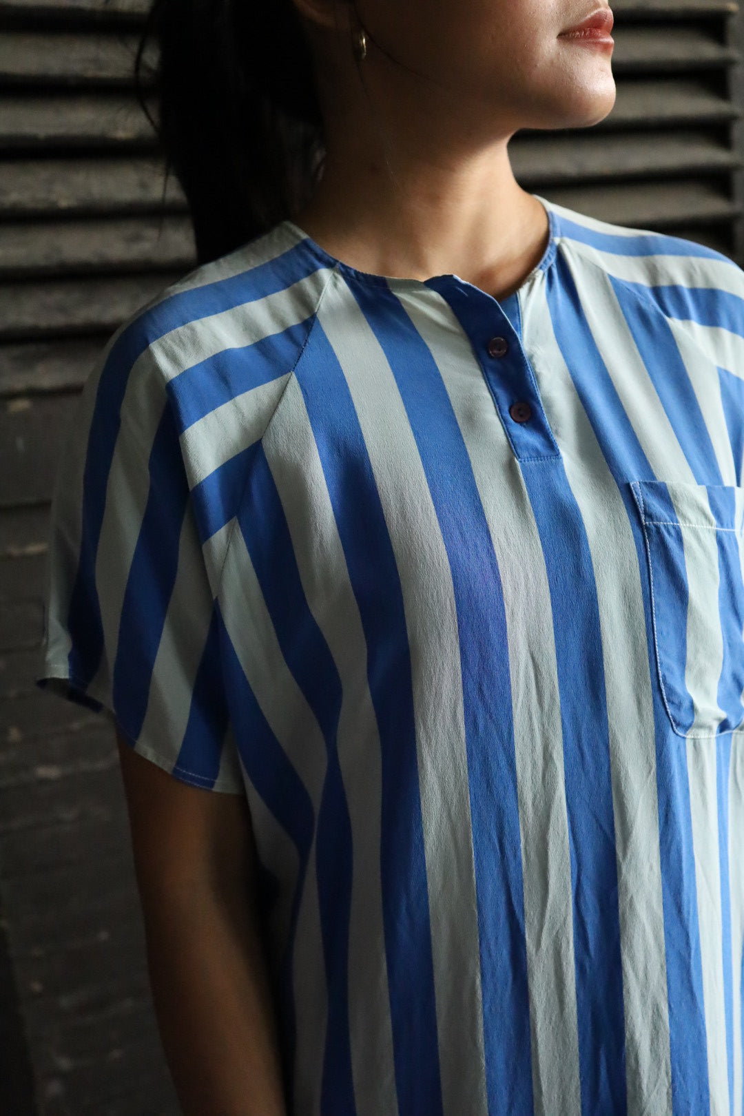 Blue and Grey Striped Silk Dress