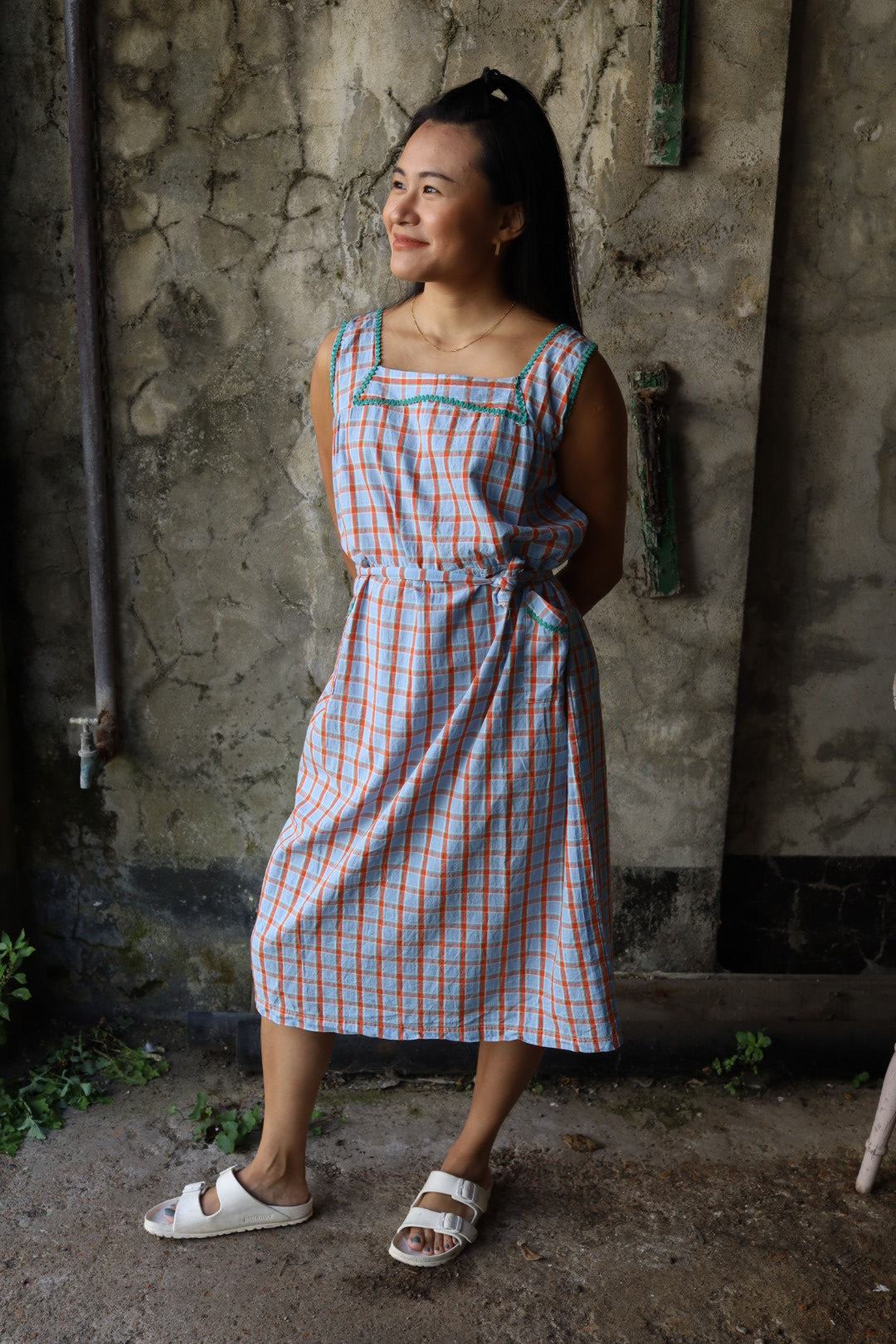 Blue & Orange Gingham Button Through Dress