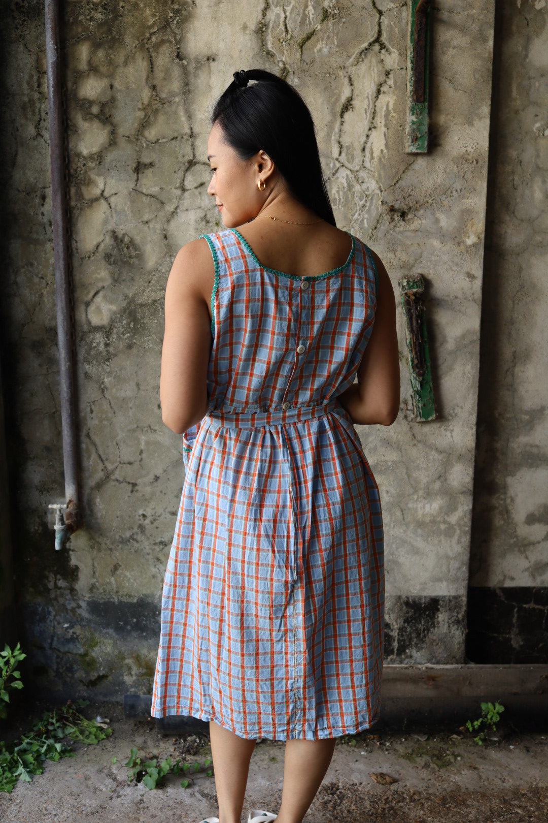 Blue & Orange Gingham Button Through Dress