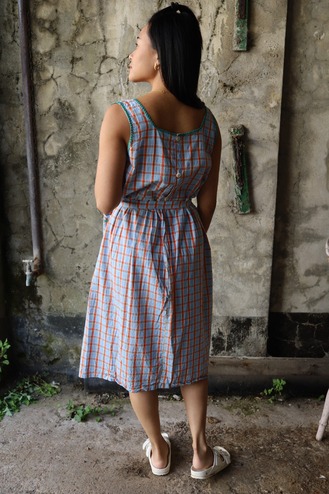 Blue & Orange Gingham Button Through Dress