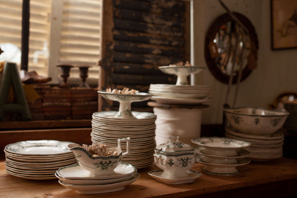 Antique Green & White French Dinner Service