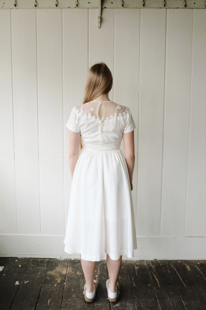 Mesh Yoke Daisy Appliqué Cocktail Dress