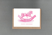 Load image into Gallery viewer, Rocking Horse. Happy Birthday. Letterpress Greeting Card: Blue / with cello