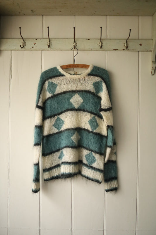 Diamond pattern hand knitted mohair jumper