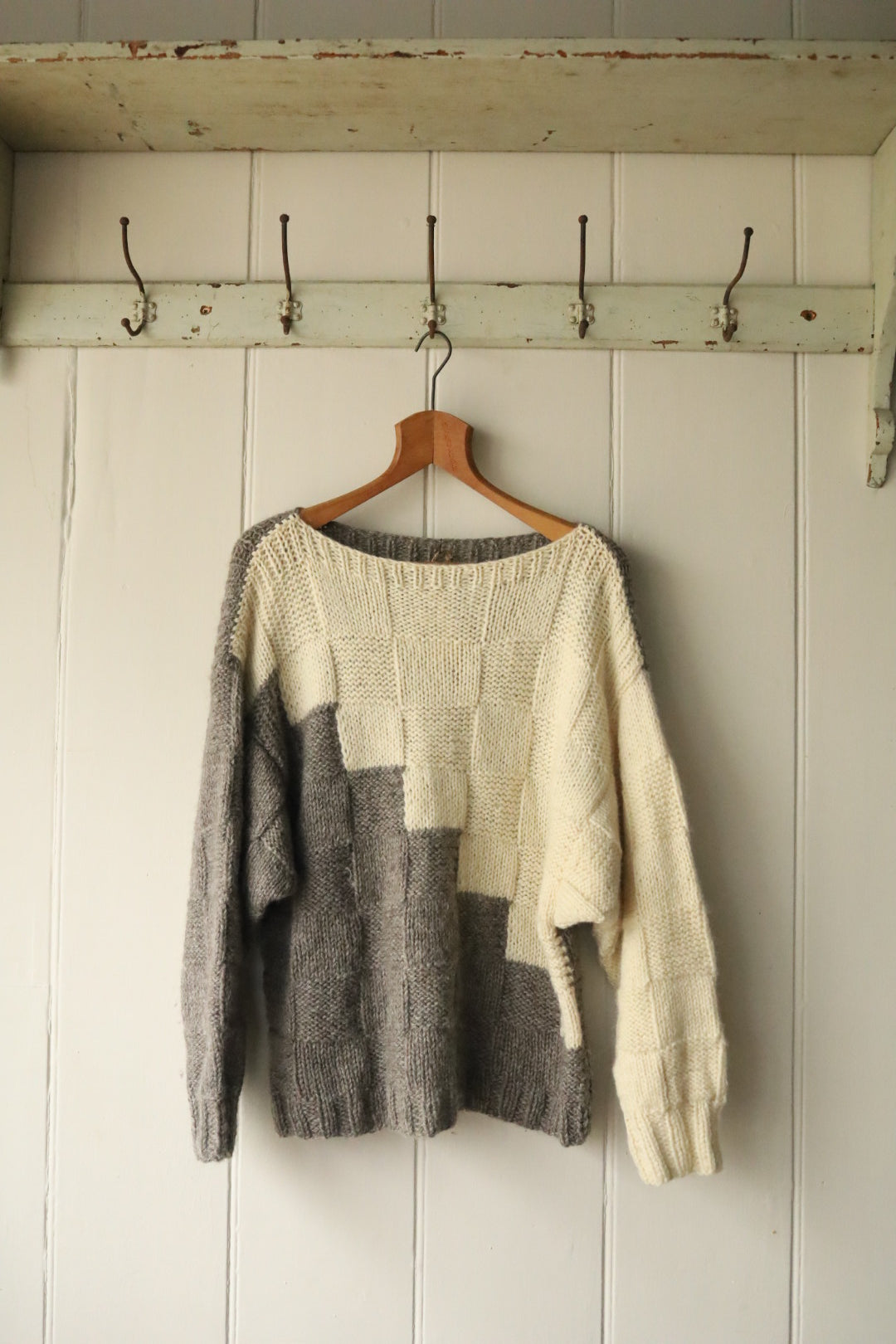 Hand Knitted Square Pattern Aran Wool Jumper