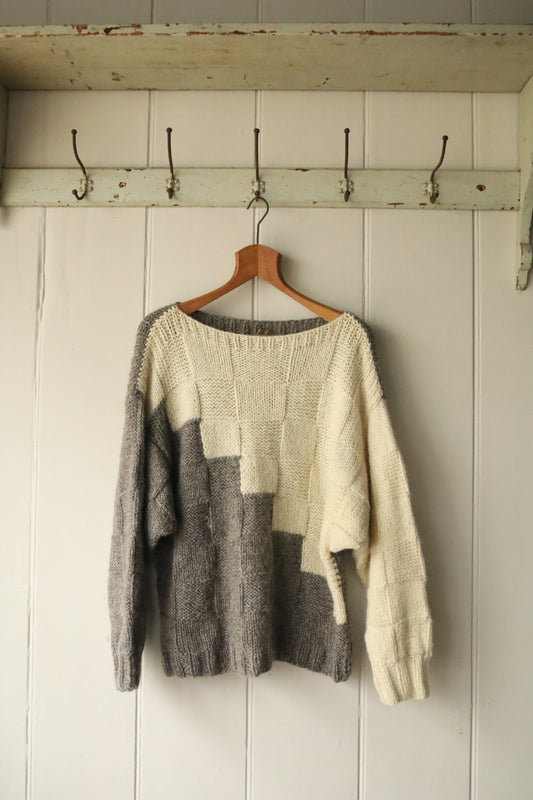 Hand Knitted Square Pattern Aran Wool Jumper