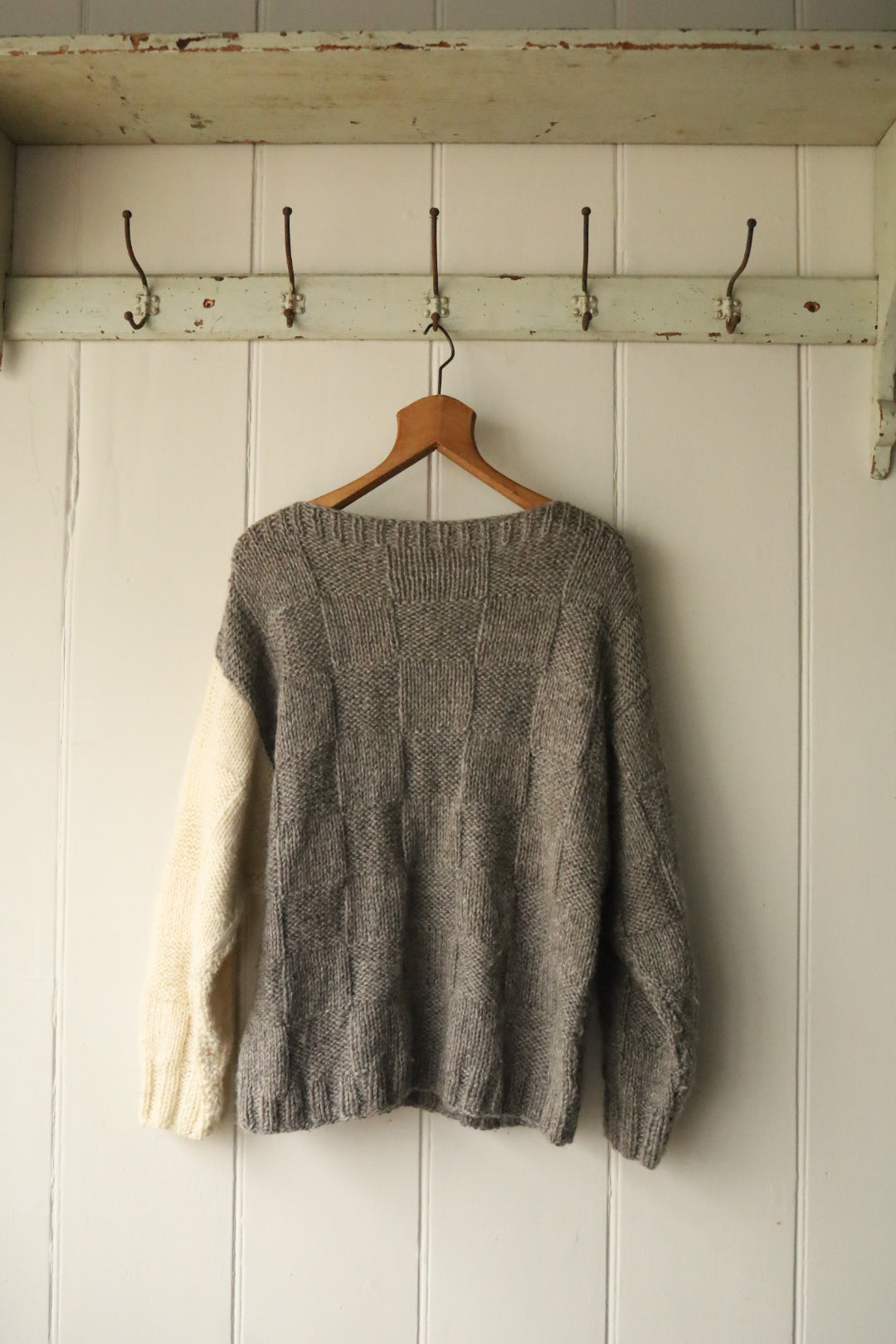 Hand Knitted Square Pattern Aran Wool Jumper