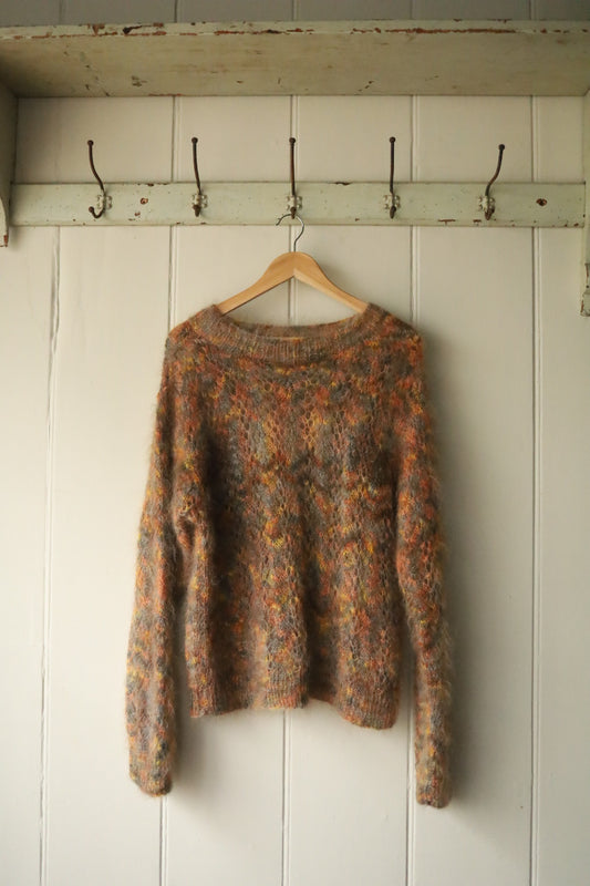 Lace hand knitted mohair grey orange fleck jumper