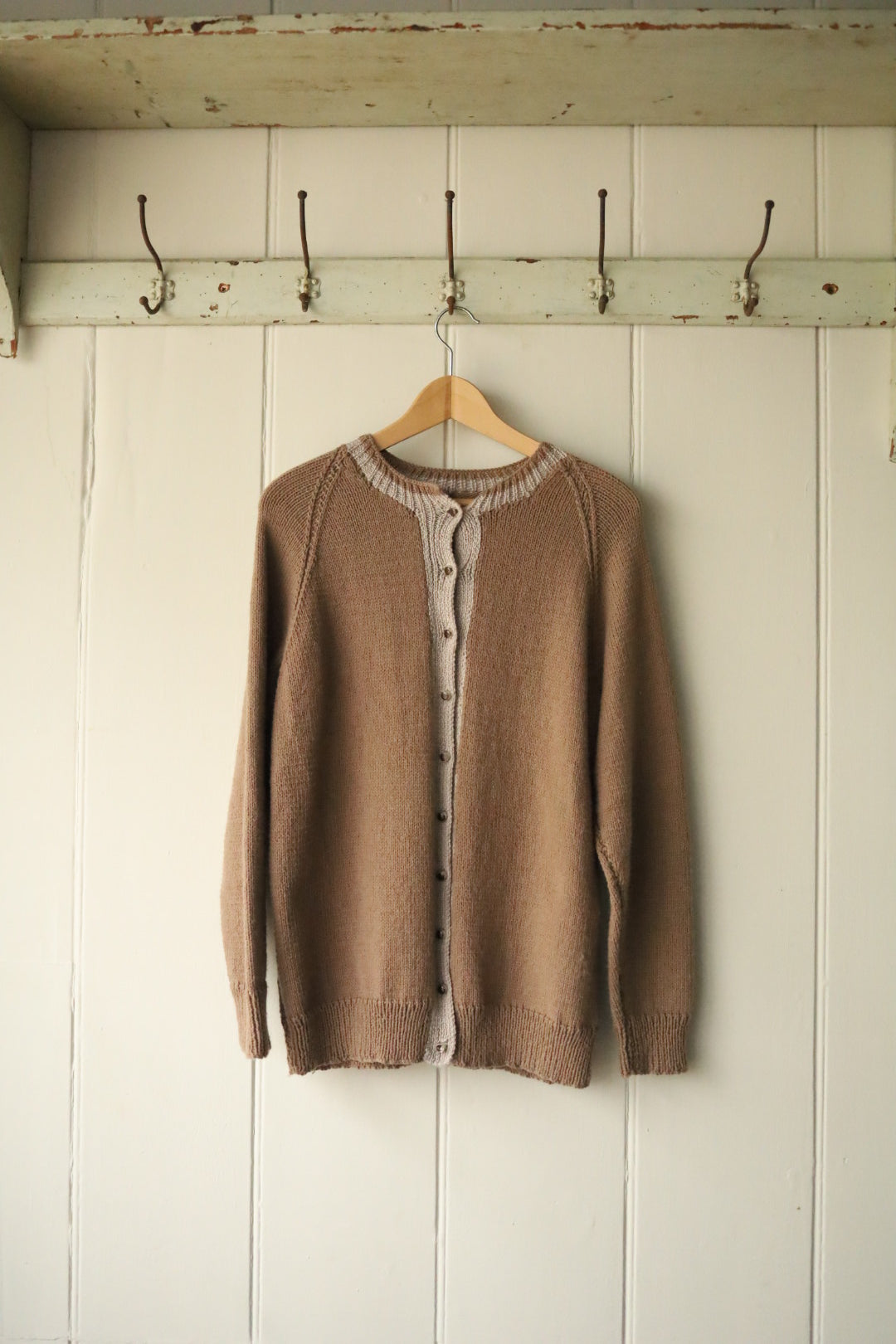 Hand knitted two tone cardigan fawn