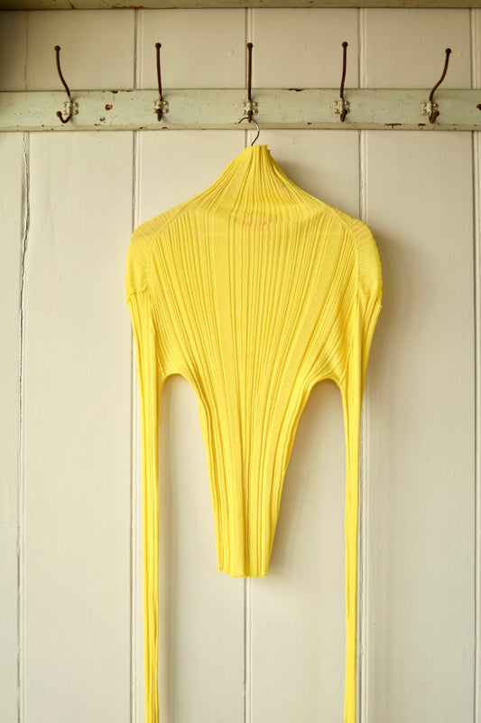 Front view of a sculptural yellow ribbed stretch top with exaggerated long sleeves and a high neck, displayed hanging vertically against a cream panelled wall.