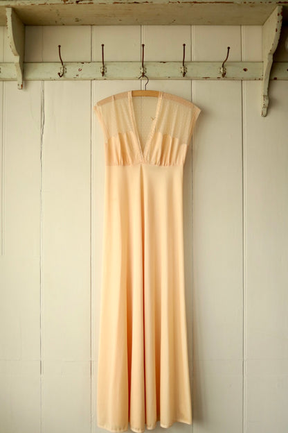 Front view of a vintage peach nightdress with a deep V neckline and delicate polka dot mesh bodice, hanging from a wooden hanger against a cream-painted wooden wall