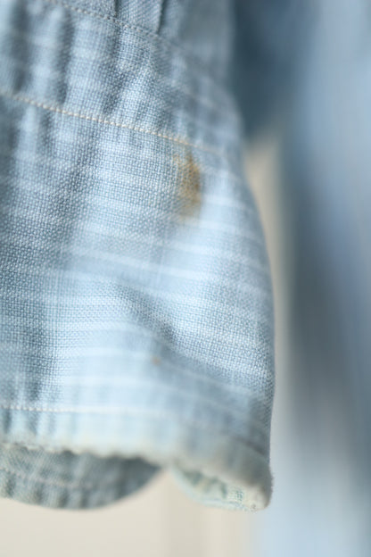 Macro shot of the shirt’s cuff showing minor marks and fraying along the edge.