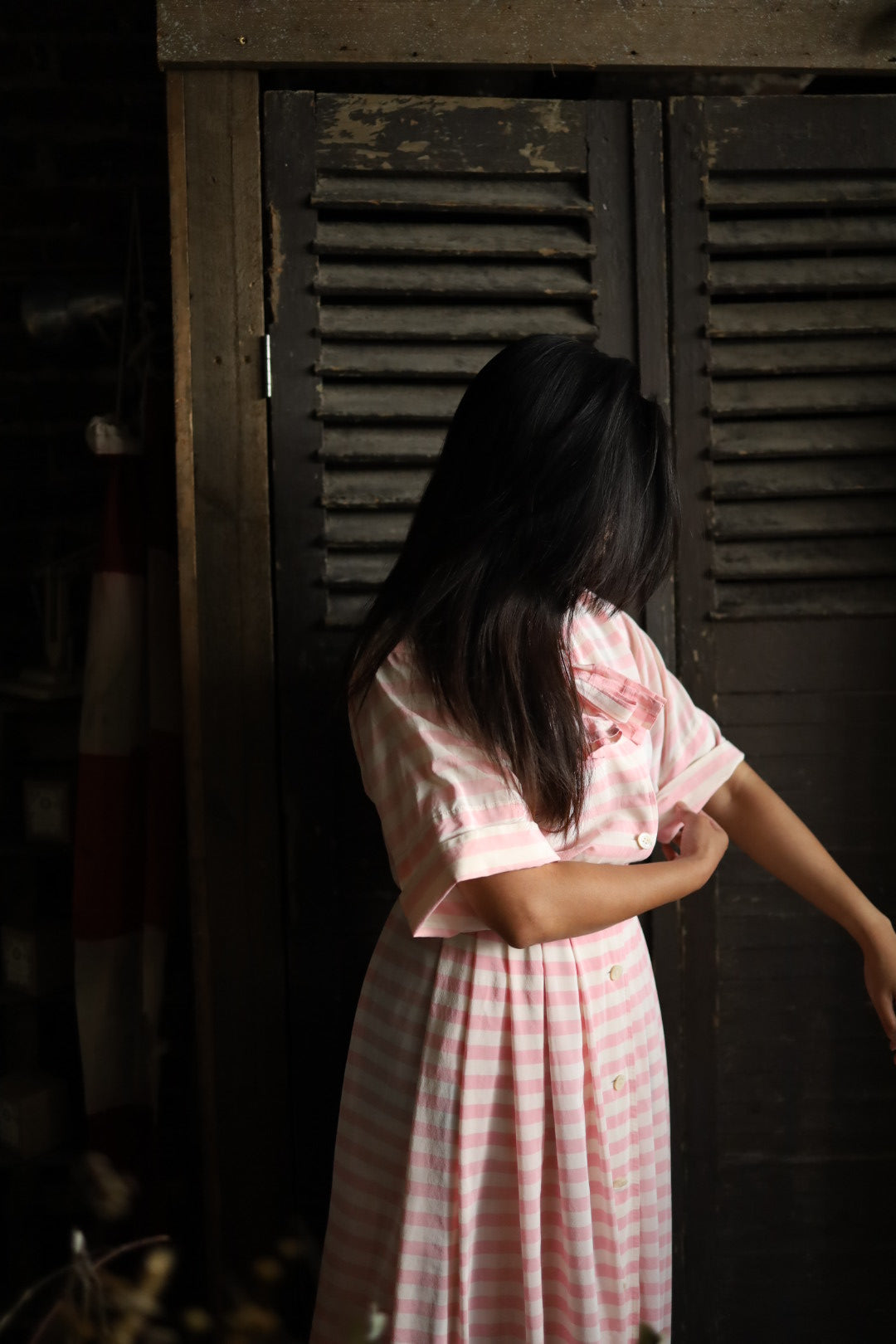 Albert Nipon Pink & White Striped Silk Dress