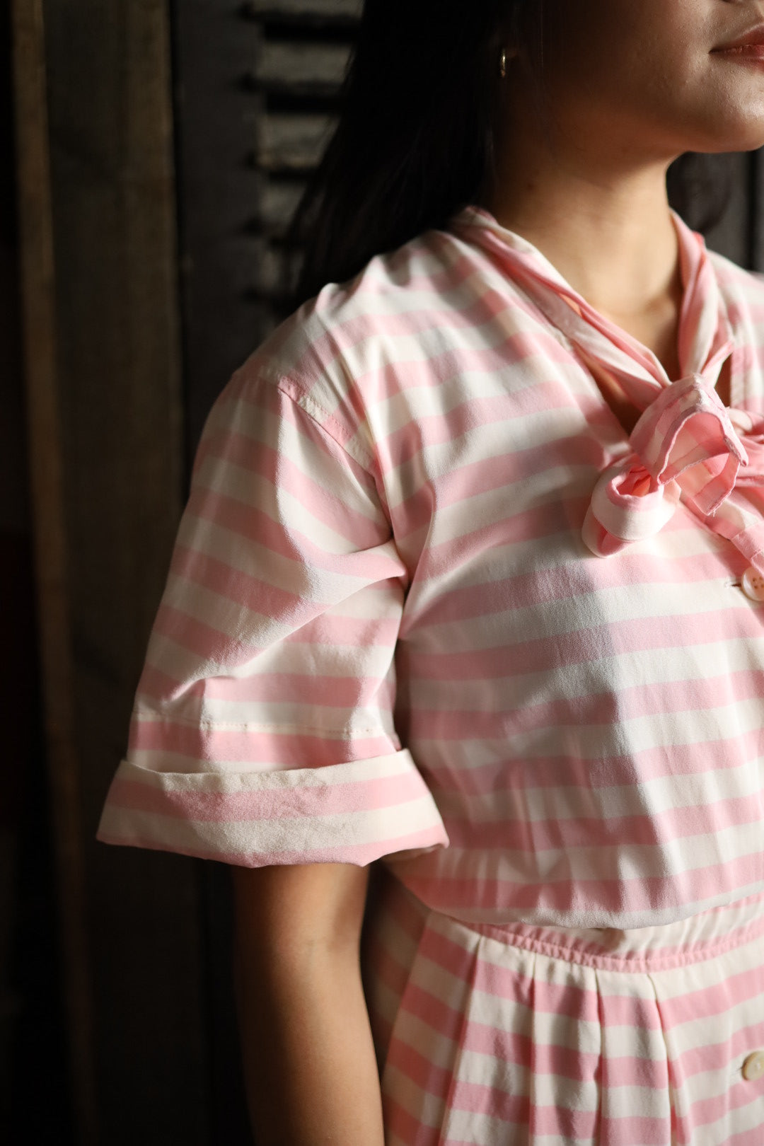 Albert Nipon Pink & White Striped Silk Dress