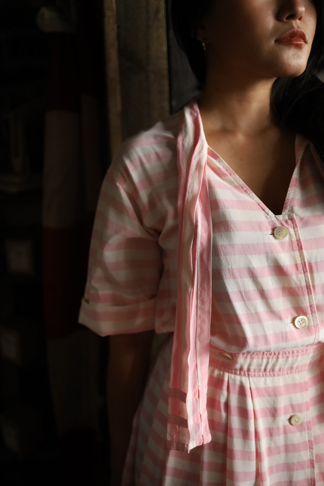 Albert Nipon Pink & White Striped Silk Dress