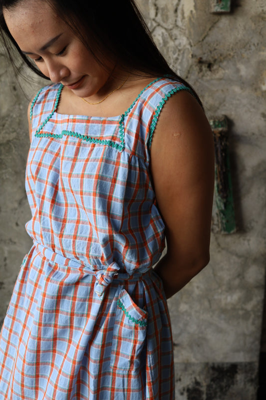 Blue & Orange Gingham Button Through Dress