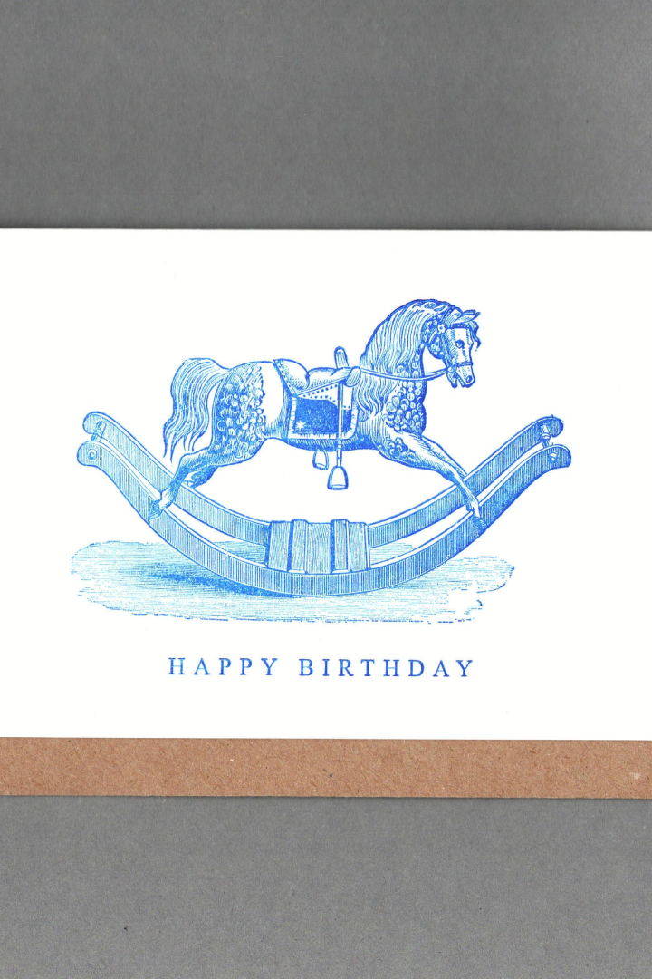 Rocking Horse. Happy Birthday. Letterpress Greeting Card: Blue / with cello