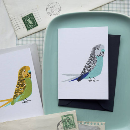 Quirky Characterful Green Budgie Humorous Birthday Mini Card: Blue