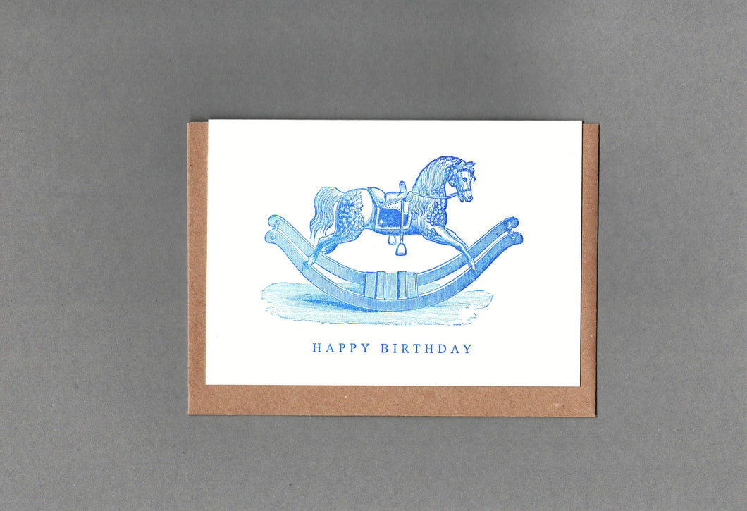 Rocking Horse. Happy Birthday. Letterpress Greeting Card: Blue / with cello
