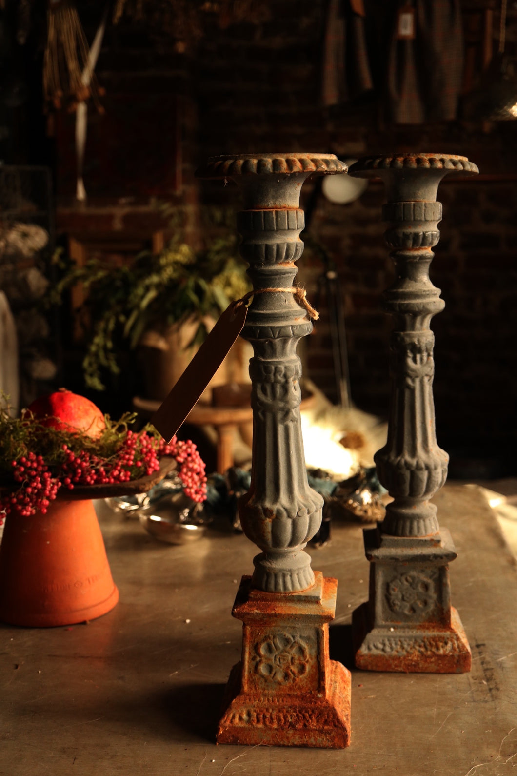Large Painted Cast Iron Candlesticks - Pair
